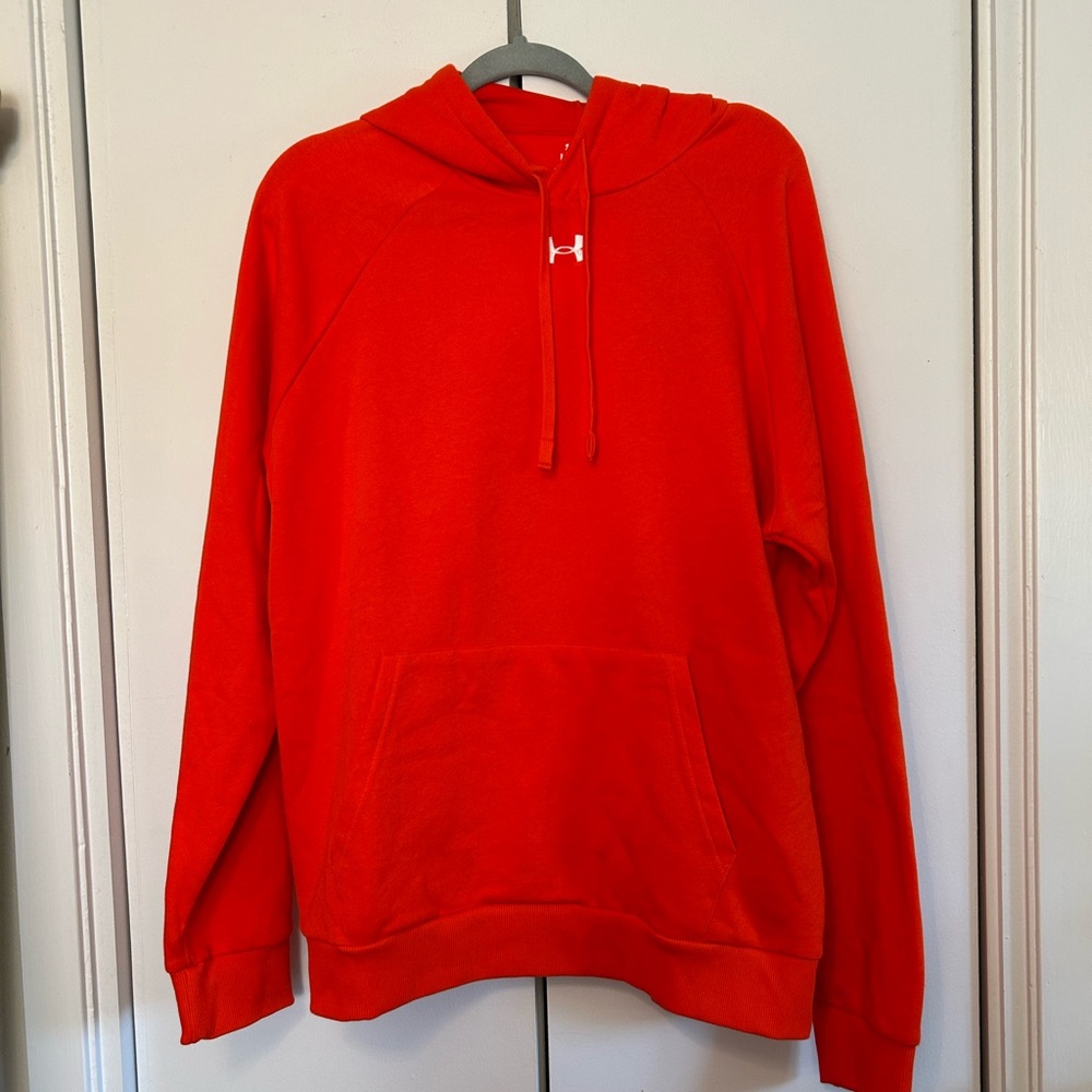 Men’s large orange hooded sweatshirt.